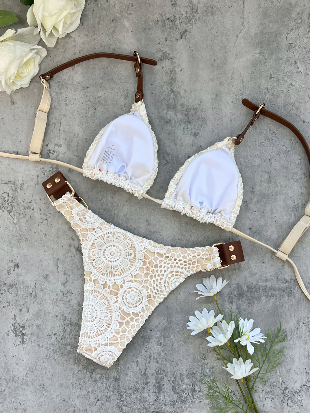 Boho Crochet Bikini Set | Cream Knit with Leather Straps & Metal Buckles