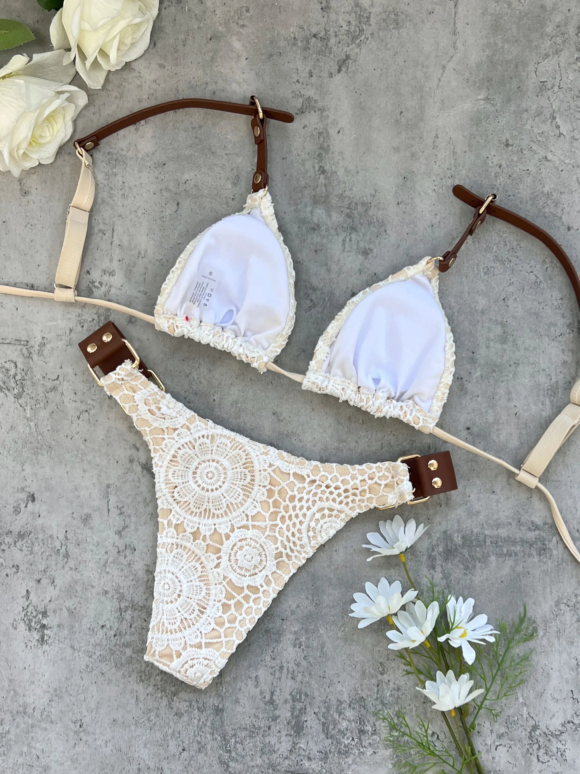 Boho Crochet Bikini Set | Cream Knit with Leather Straps & Metal Buckles