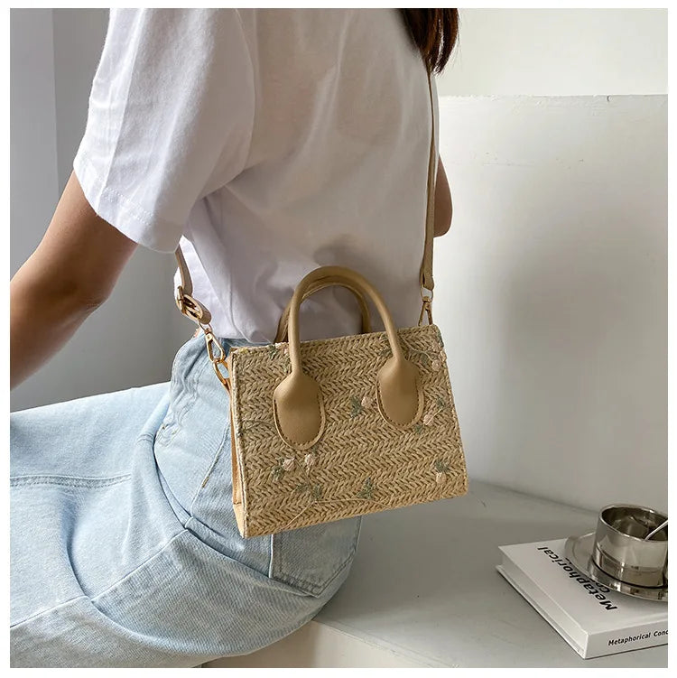 Boho Floral Embroidery Woven Handbag | Convertible Top Handle & Crossbody Bag