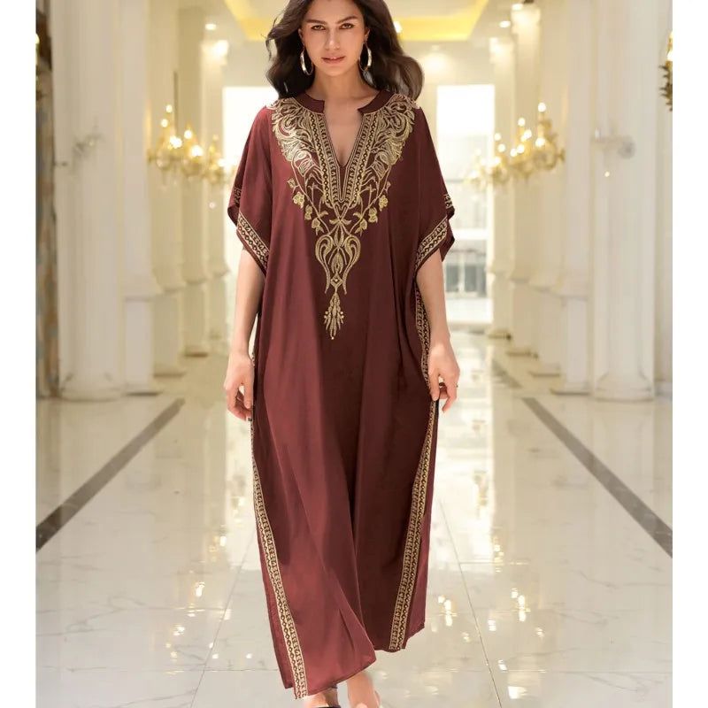 Boho Embroidered Batwing Sleeve Beach Cover-Up Dress – Loose A-Line V-Neck Summer Dress