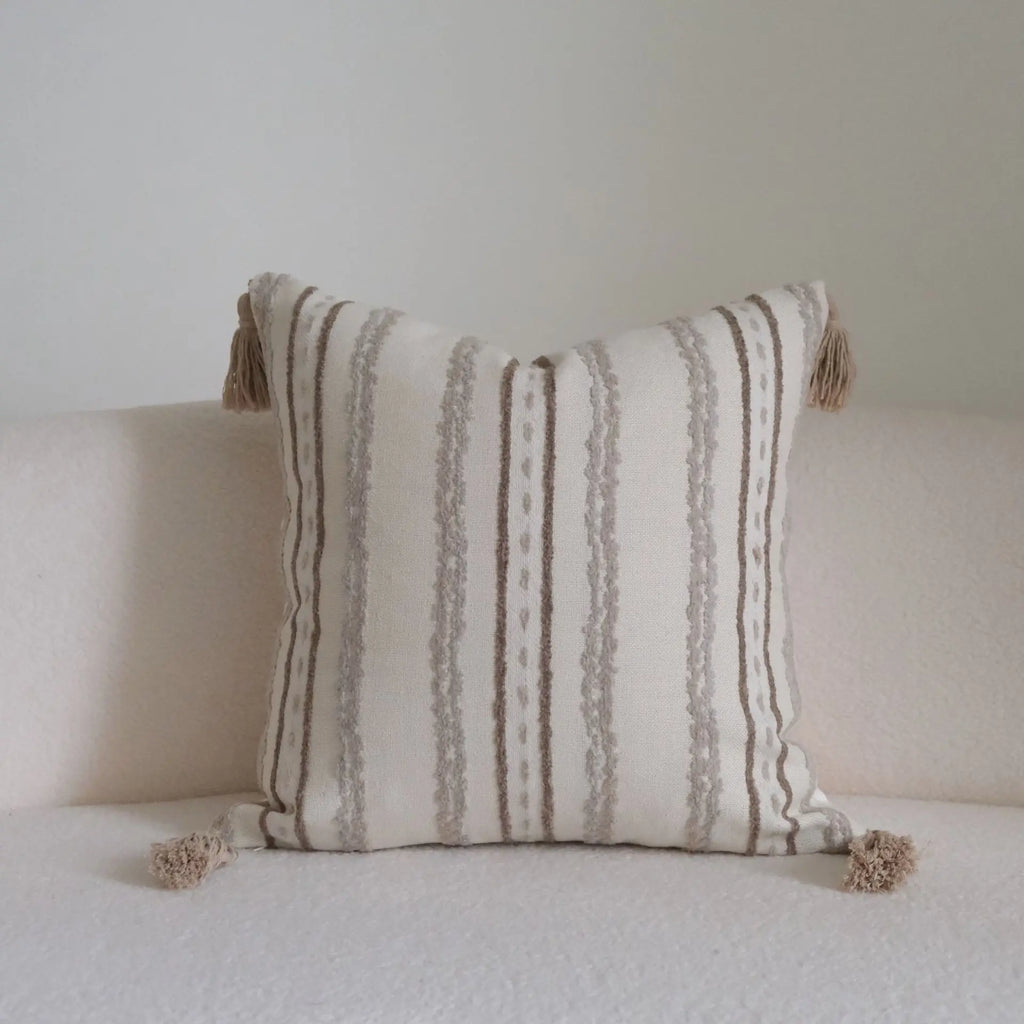 Boho Woven Tufted Cushion Cover with Tassels – Striped Farmhouse Pillow Case