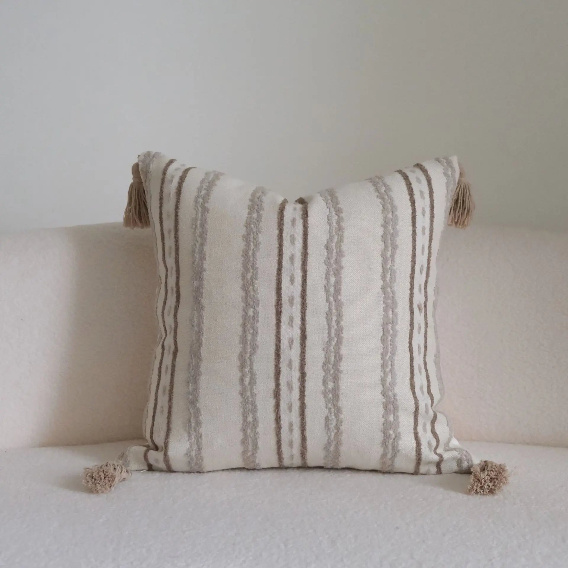 Boho Woven Tufted Cushion Cover with Tassels – Striped Farmhouse Pillow Case