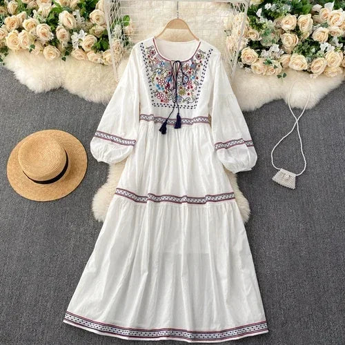 Embroidered Lantern Sleeve Boho Midi Dress | Lace-Up A-Line