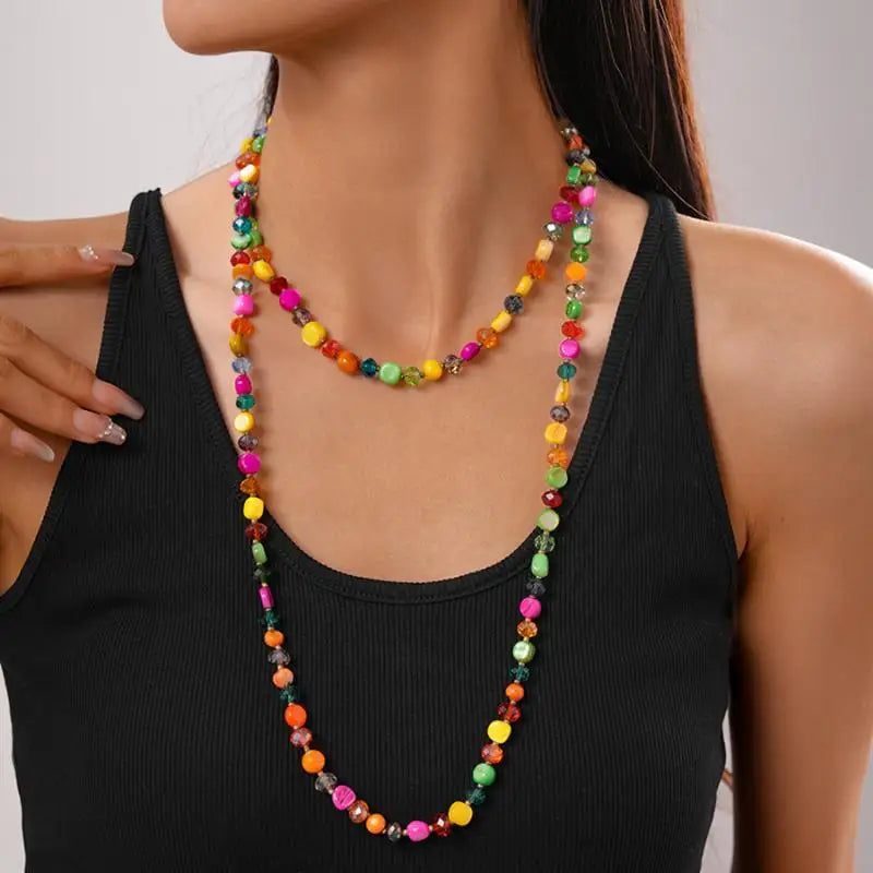Boho Double-Layer Shell & Irregular Bead Long Necklace – Vintage Summer Jewelry