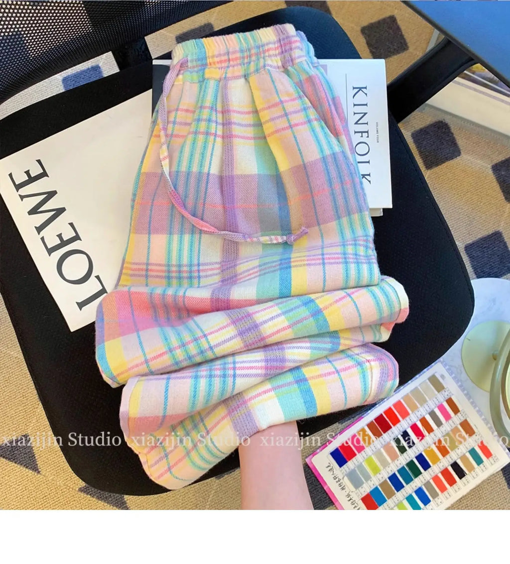 Color plaid wide-leg pants women's summer high waist retro Joker design loose pocket straight casual pants.