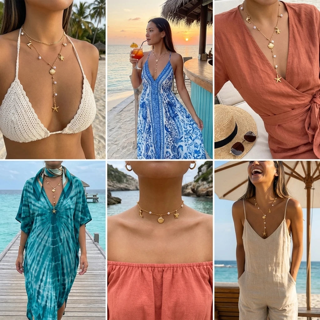Boho Beach Y-Drop Chain Necklace – Sea Turtle, Dolphin, Starfish & Shell Pendants