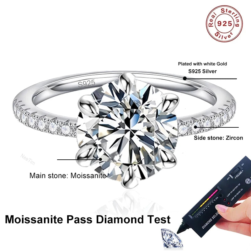 NeeTim 5CT Sparkling D Color Moissanite Lab Diamond Wedding Rings For Women S925 Sterling Silver Luxury Jewelry Engagement Ring