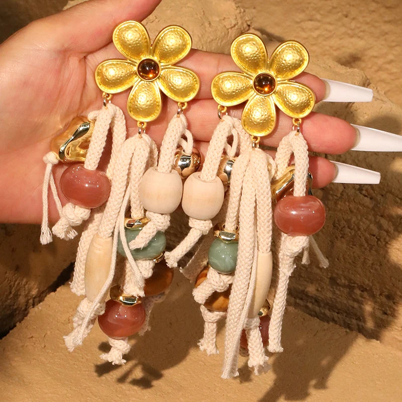 Boho Flower & Rope Dangle Earrings – Handmade Statement Jewelry