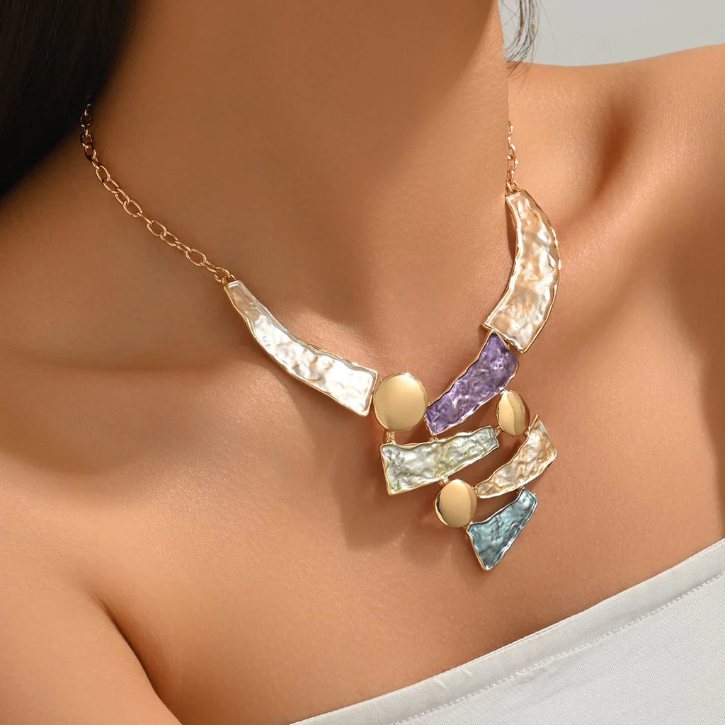 Boho Colorful Enamel Geometric Bib Necklace | Hammered Statement Necklace for Women