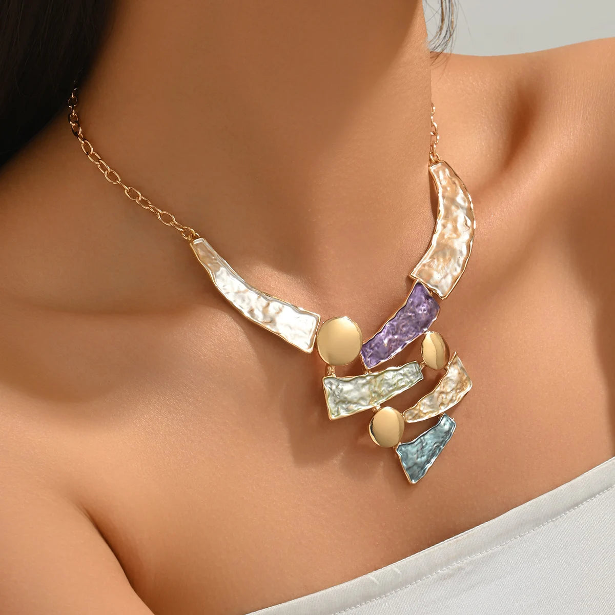 Boho Colorful Enamel Geometric Bib Necklace | Hammered Statement Necklace for Women