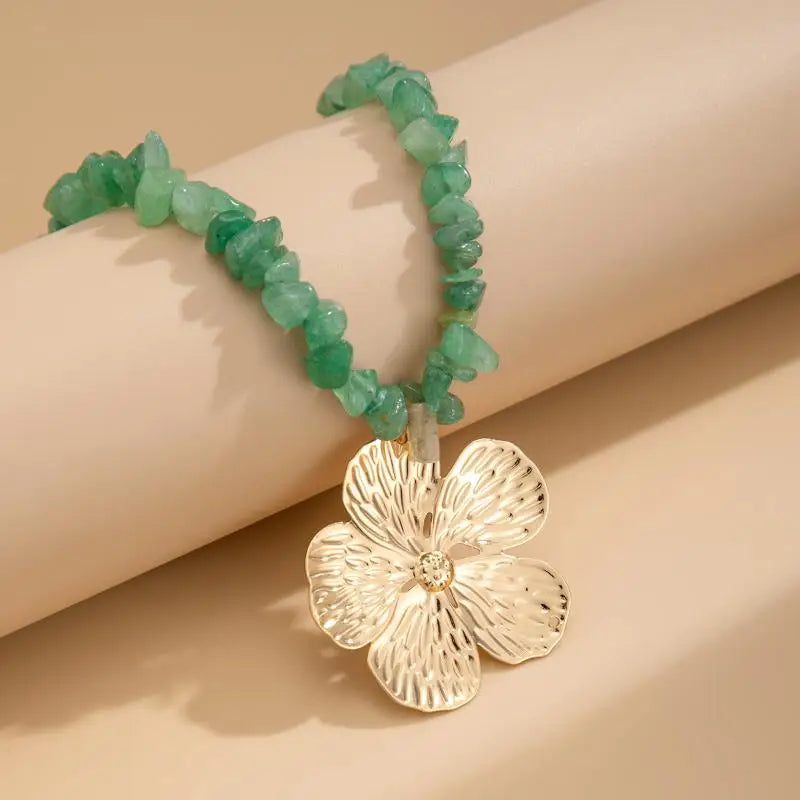 Boho Irregular Natural Stone & Metal Flower Clavicle Chain Necklace