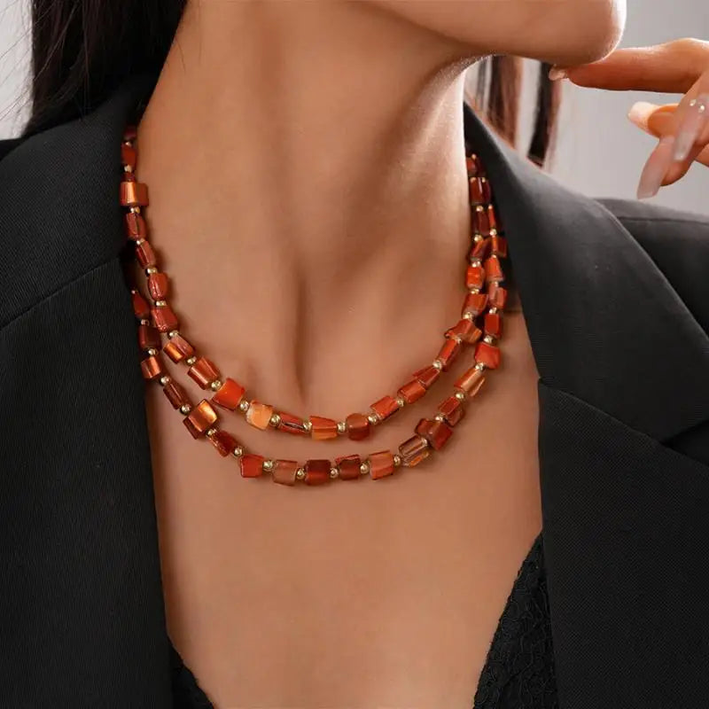Boho Double-Layer Shell & Irregular Bead Long Necklace – Vintage Summer Jewelry