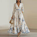 Floral Pleated Boho Maxi Dress | Deep V-Neck Long Sleeve