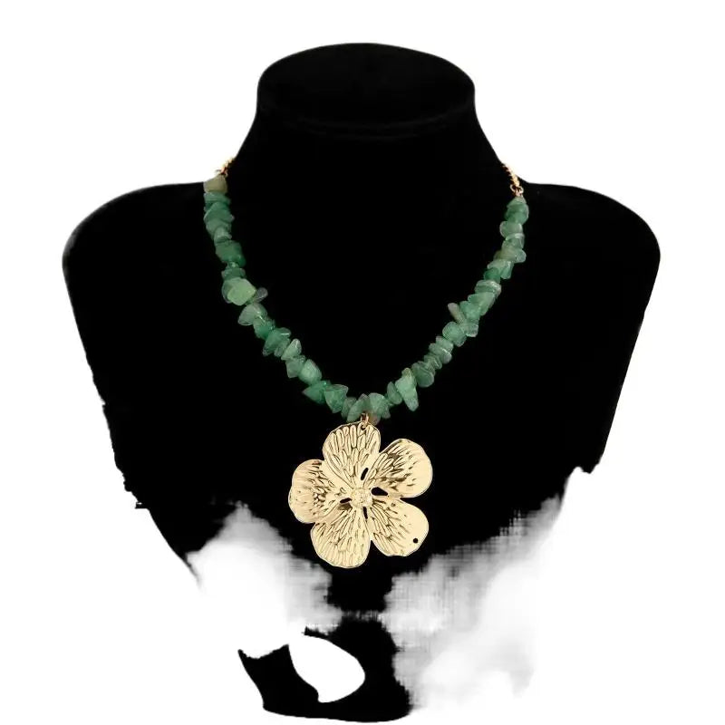 Boho Irregular Natural Stone & Metal Flower Clavicle Chain Necklace
