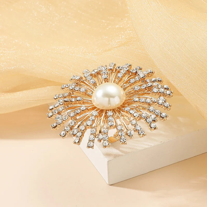 Boho Vintage Big Flower Ring – Micro Zircon Inlay Gold-Tone Statement Ring
