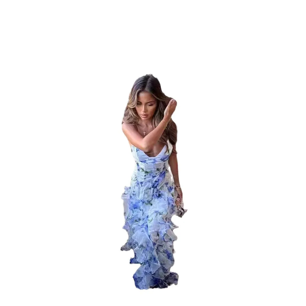 Floral Camisole Boho Maxi Dress | Bare Shoulder Ruffle A-Line