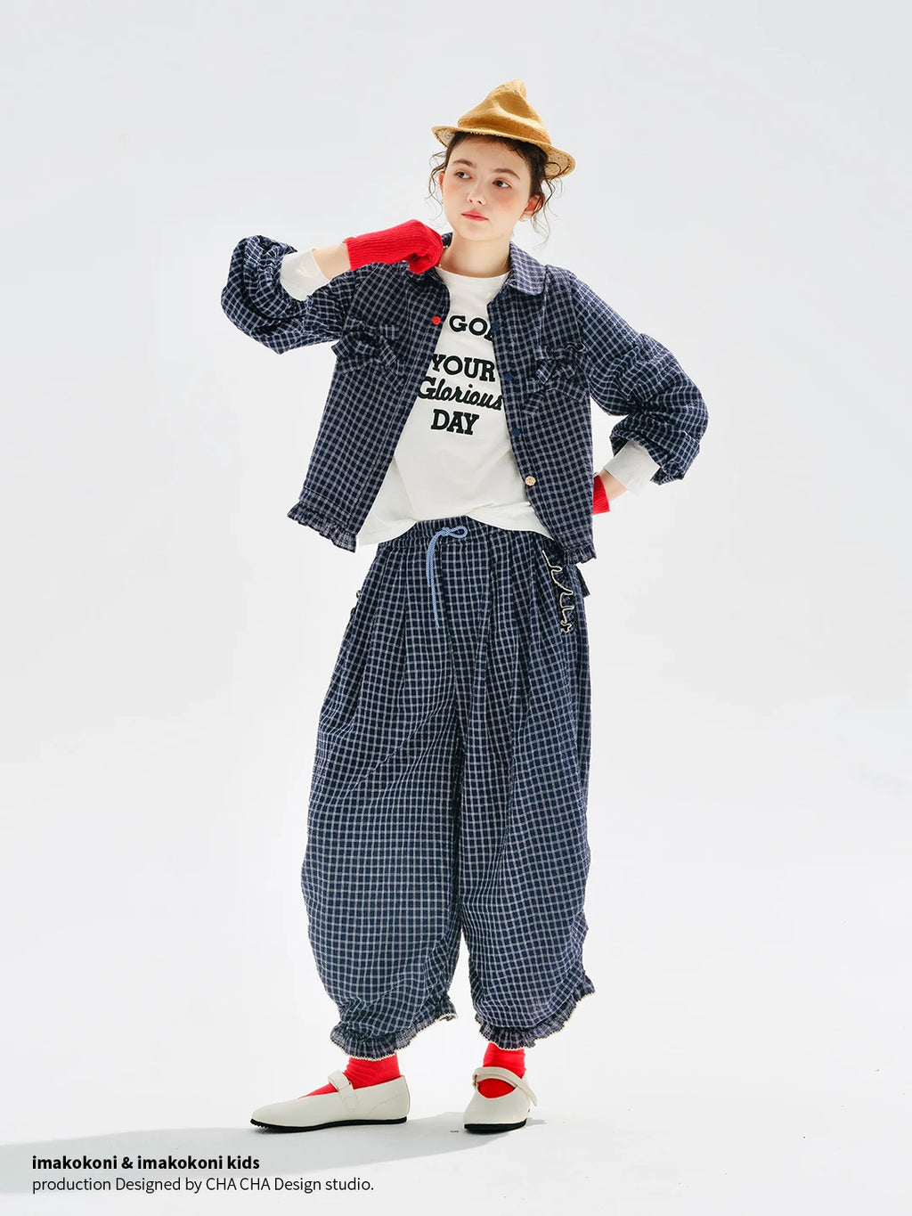 Women's Blue Plaid Wide Leg Pants – Casual Elastic Waist Trousers