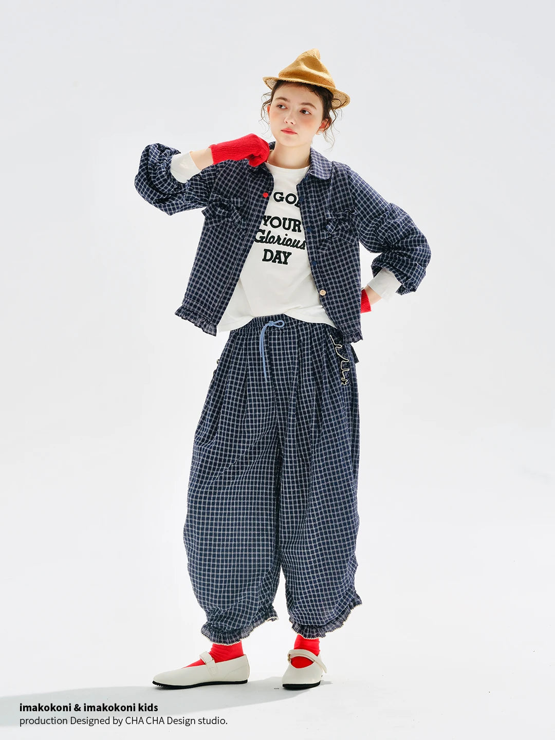 Women's Blue Plaid Wide Leg Pants – Casual Elastic Waist Trousers