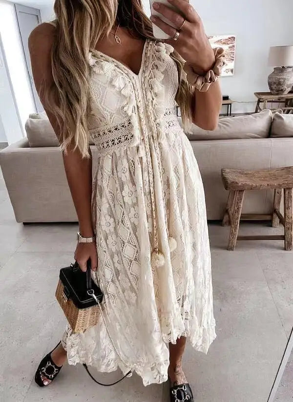 Boho Lace Embroidery Maxi Dress | Long Sleeve Beach Tunic