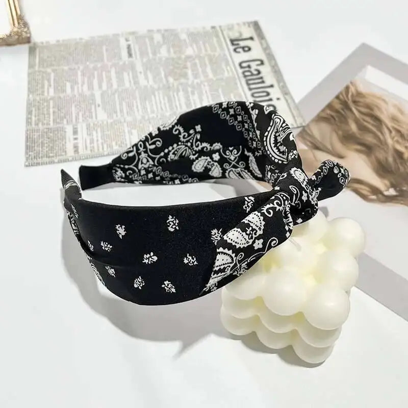 Boho Bow Print Wide Headband – Vintage Silk Cross-Knot Hair Hoop