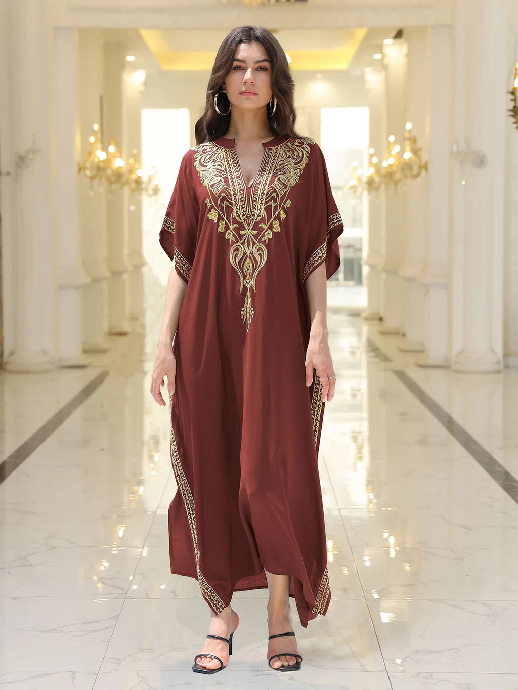 Boho Embroidered Batwing Sleeve Beach Cover-Up Dress – Loose A-Line V-Neck Summer Dress
