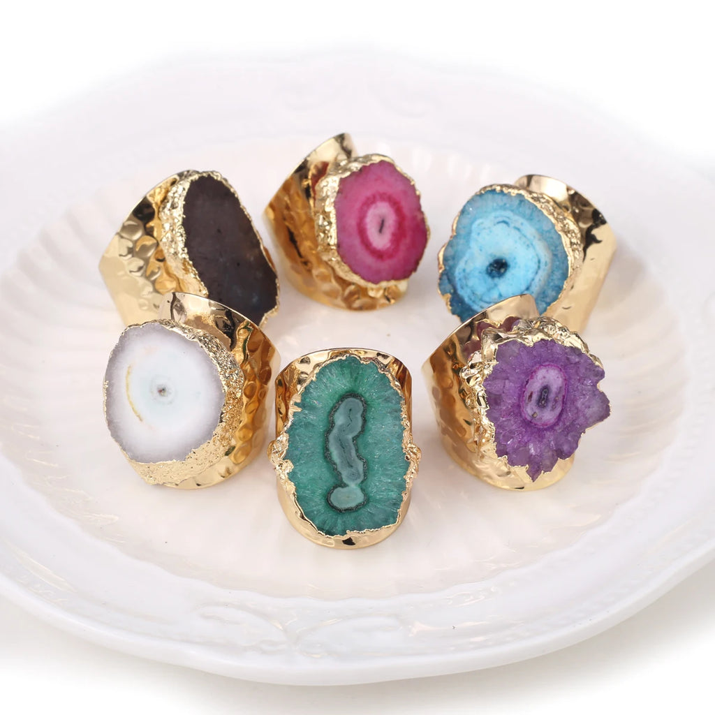 Boho Natural Agate Stone Sunflower Wide Open Ring – Gold Plated Adjustable in 6 Colors