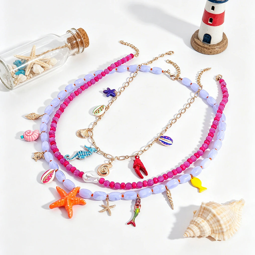 Boho Multilayer Ocean Charm Beaded Statement Necklace – Colorful Sea Animal Design