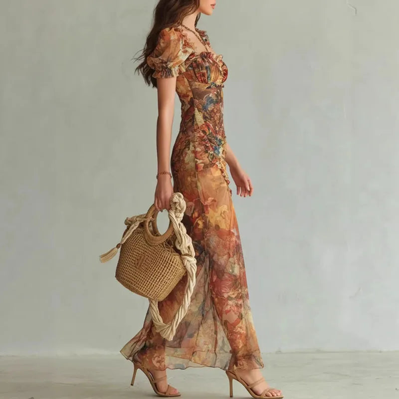 Floral Ruched Split Maxi Dress | Square Neck Puff Sleeve Boho