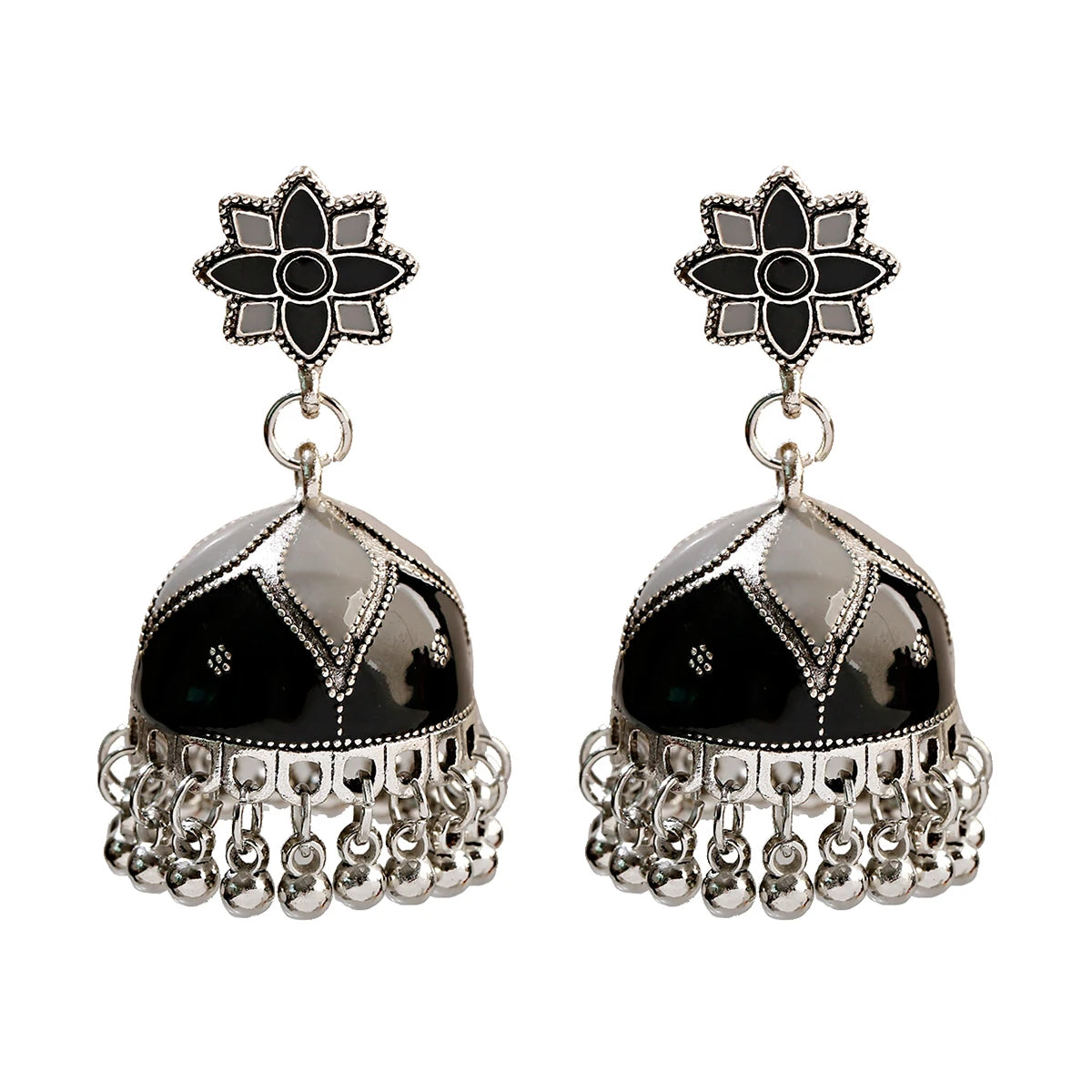 Boho Ethnic Flower Enamel & Bell Tassel Drop Earrings – Vintage Gold Crystal Bead