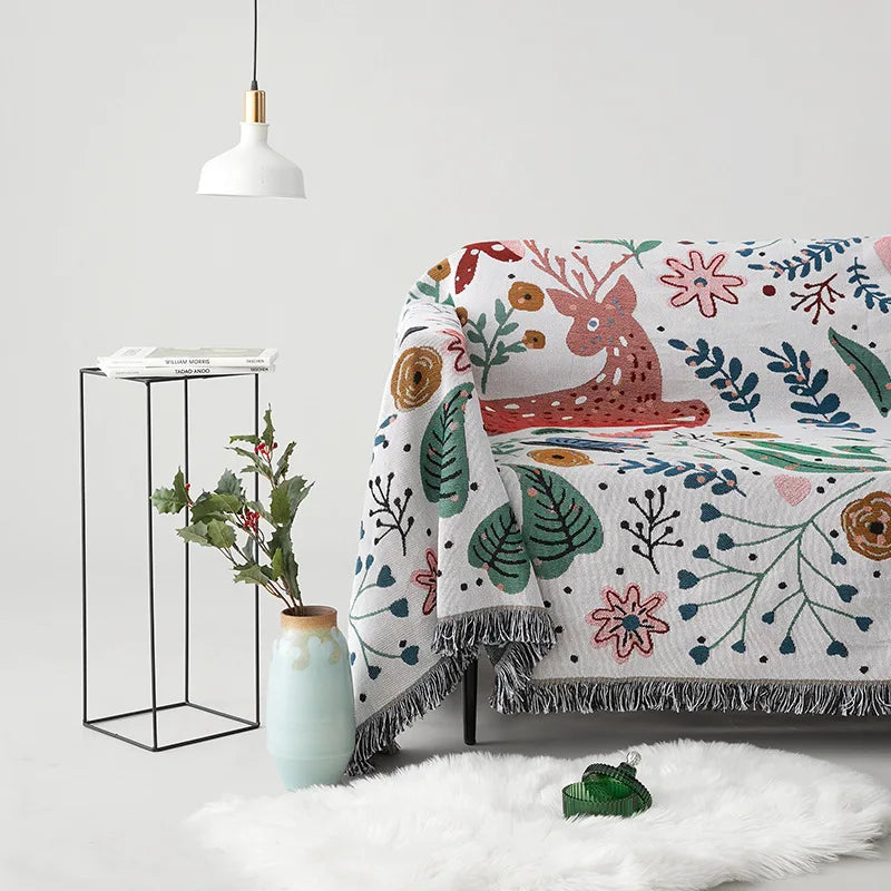 Boho Deer & Floral Jacquard Woven Throw Blanket with Tassels