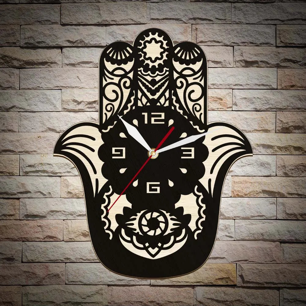 Hand Of Fatima Hamsa Natural Wooden Wall Clock For Living Room Hand Evil Boho Home Decor Symbol Of Protection Orientalist Clock