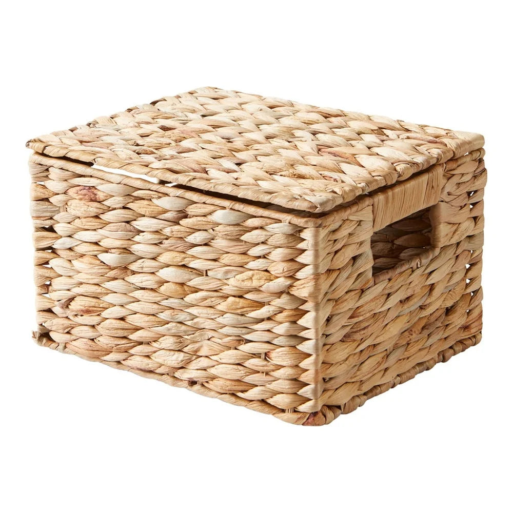 Natural Hyacinth Basket with Lid Storage Organizer Handmade Woven Basket Decorative Storage Bathroom Pantry Nursery Home Decor