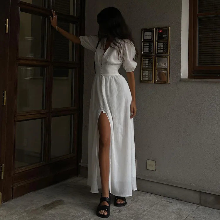Deep V-Neck Empire Waist Maxi Dress | Boho Flying Sleeve