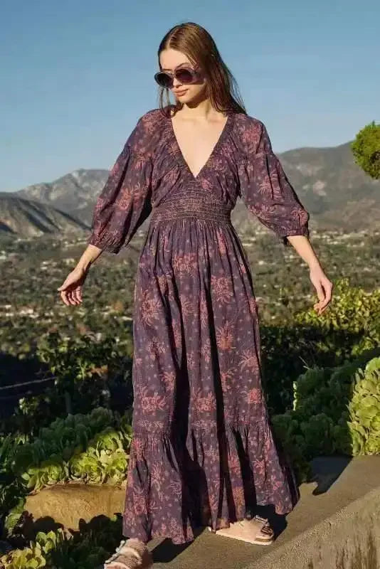Floral Boho Midi Dress | V-Neck Puff Sleeve Hollow-Out
