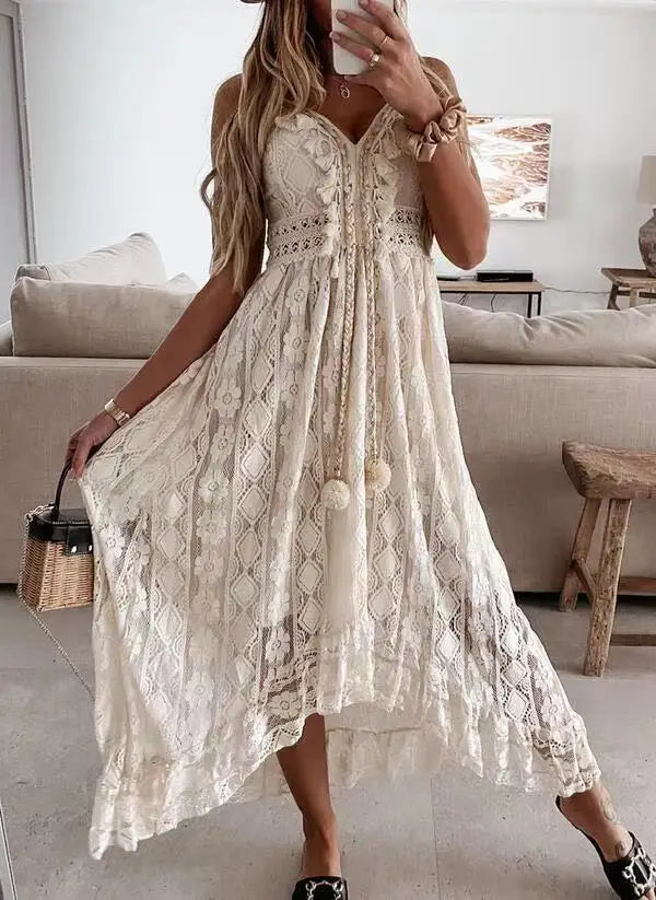 Boho Lace Embroidery Maxi Dress | Long Sleeve Beach Tunic