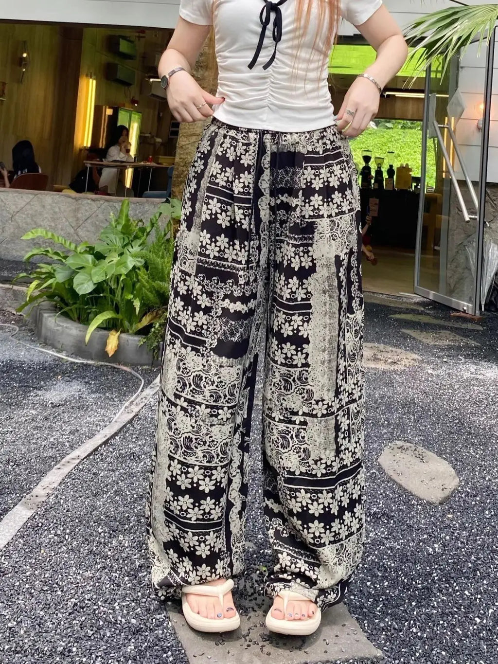 Retro Print Design Palazzo Pants Women's Summer Lightweight Loose Slimming Drapey Plus Size Casual Straight Leg Sports Pants