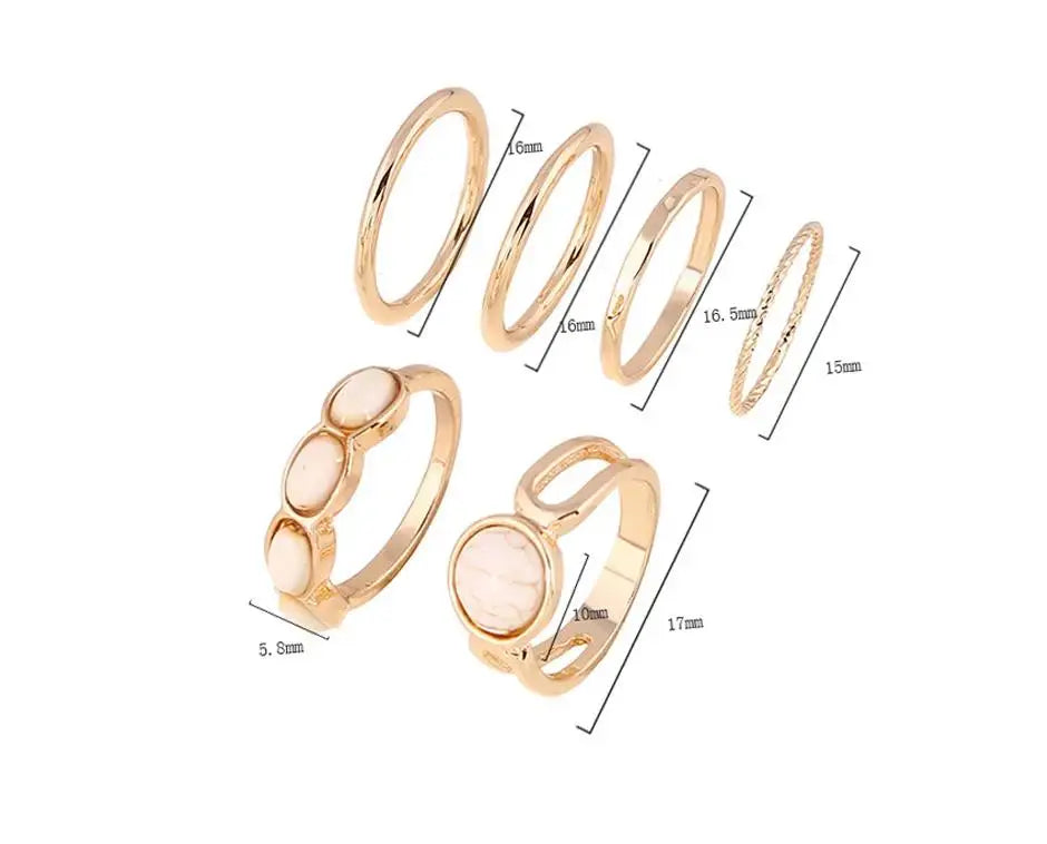 Boho 6-Piece Geometric Stone Resin Ring Set – Minimalist Retro Stackable Rings