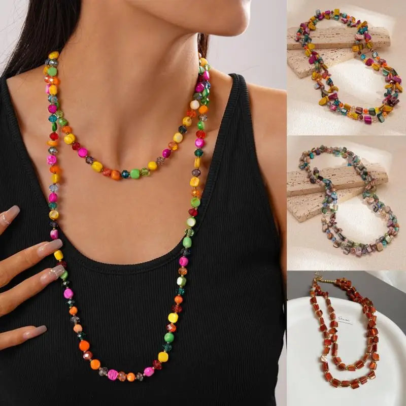Boho Double-Layer Shell & Irregular Bead Long Necklace – Vintage Summer Jewelry