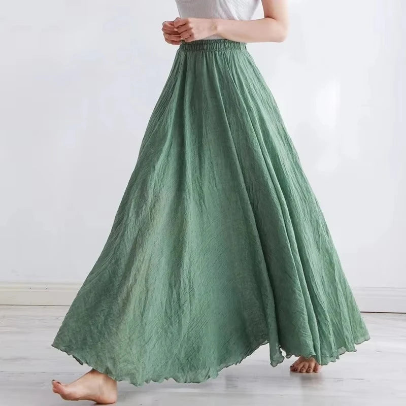 Boho Cotton Linen Maxi Skirt | Elastic Waist Pleated Floor-Length Skirt