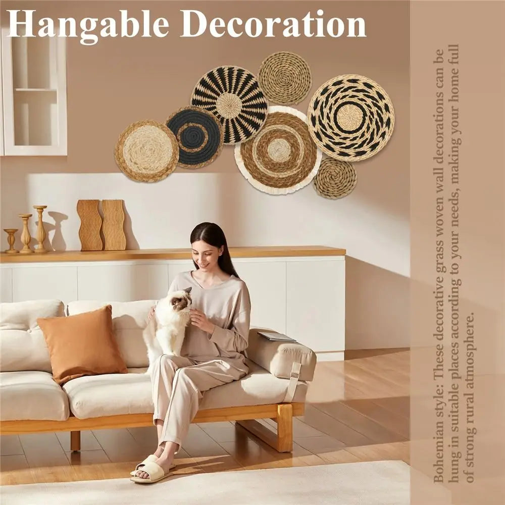 7-Piece Boho Seagrass Wall Basket Set | Hand-Woven Round Hanging Wall Decor
