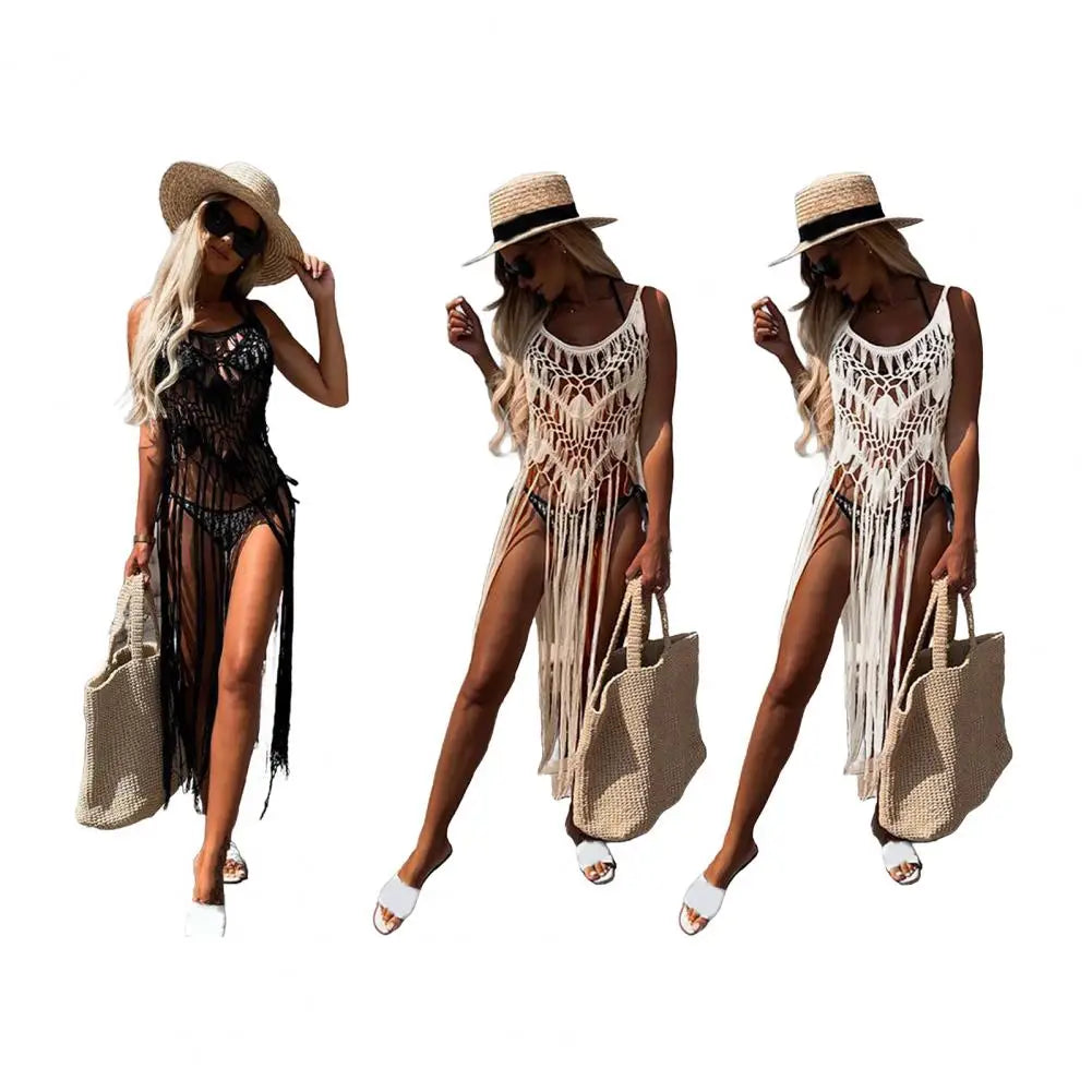 Boho Crochet Tassel Sling Dress – Sexy Hollow Fringe Beach Cover Up