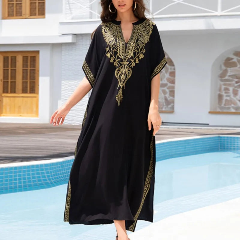 Boho Embroidered Batwing Sleeve Beach Cover-Up Dress – Loose A-Line V-Neck Summer Dress