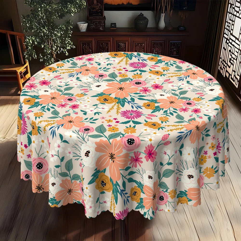 Boho Floral Round Tablecloth | Colorful Flower & Leaf Print