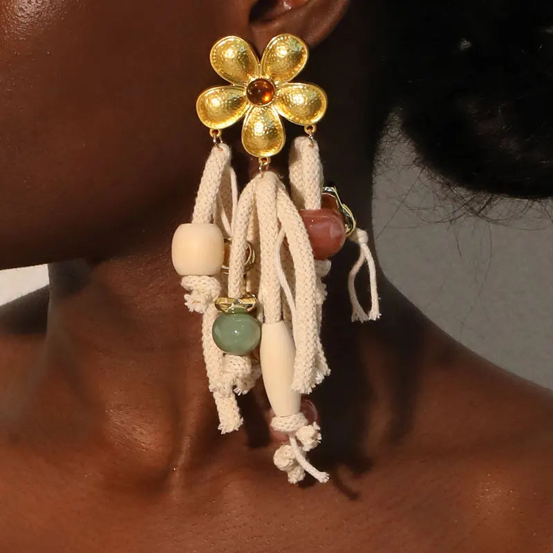 Boho Flower & Rope Dangle Earrings – Handmade Statement Jewelry