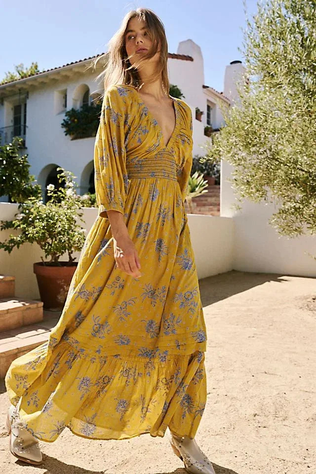 Floral Boho Midi Dress | V-Neck Puff Sleeve Hollow-Out
