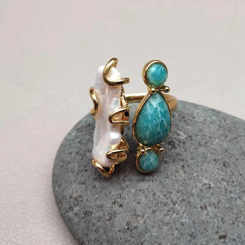 10x28mm Freshwater White Biwa Pearl Green Amazonite Rings Adjustable Girlfriend Gifts