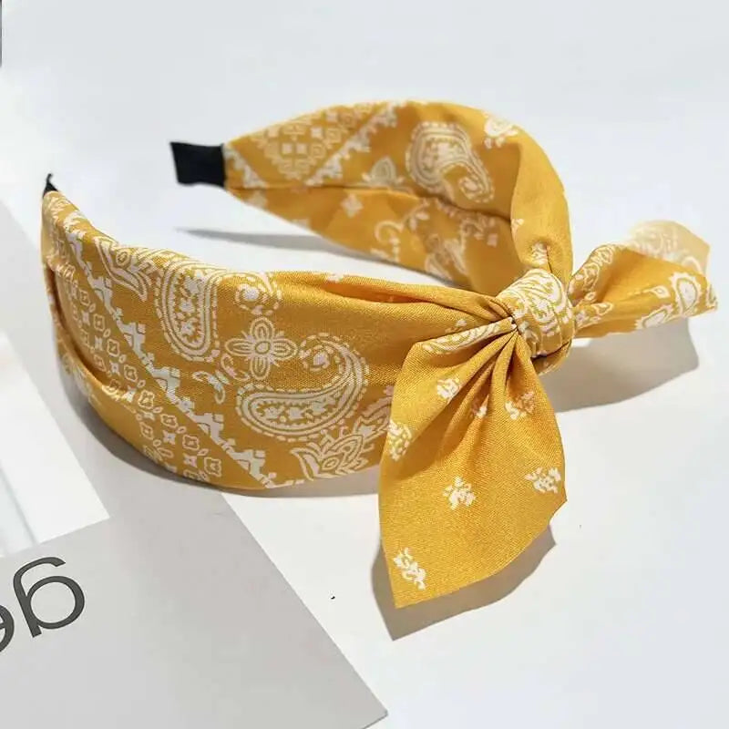 Boho Bow Print Wide Headband – Vintage Silk Cross-Knot Hair Hoop