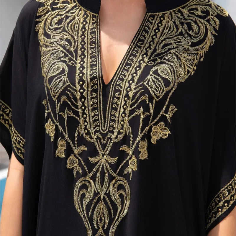 Boho Embroidered Batwing Sleeve Beach Cover-Up Dress – Loose A-Line V-Neck Summer Dress