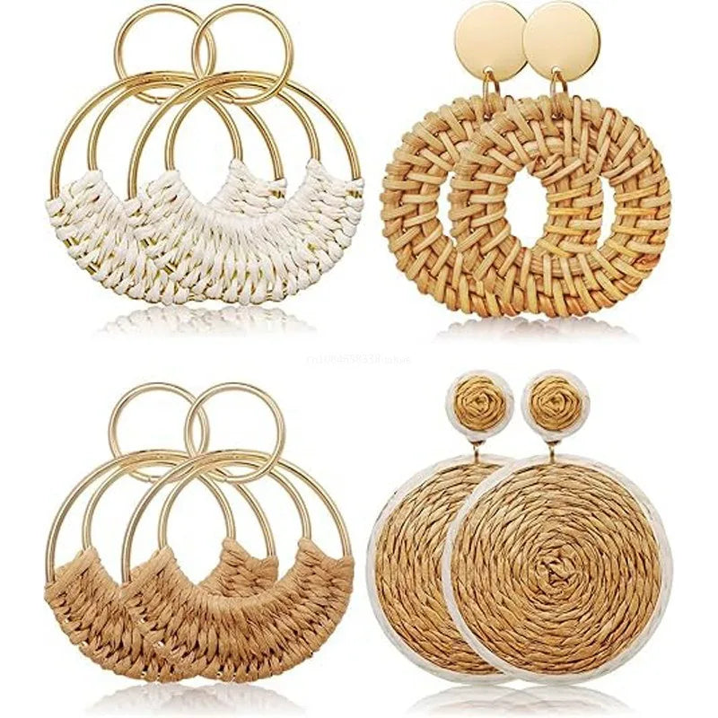 Boho Rattan Wicker Hoop Earrings – Straw Round Dangle Drop Earrings for Women