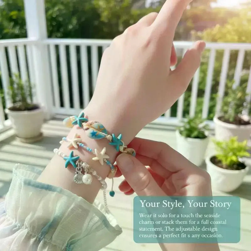 Boho Shell & Starfish Beaded Bracelet | Adjustable Coastal Charm Bracelet